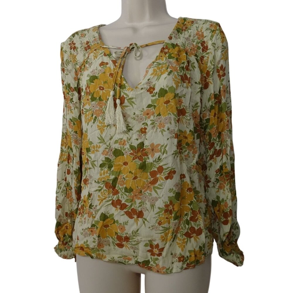 Cupcakes and Cashmere Yellow Gold Floral Long Sleeve Top Women Size M Viscose
